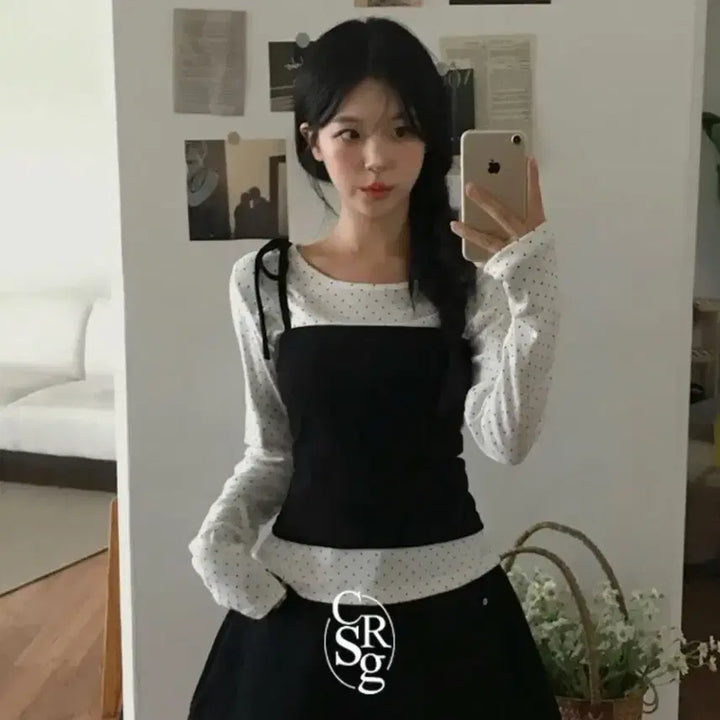 [BUNJANG] Cream Sugar Black Bustier + White Polka Dot Sleeves Set / 에이블리 크림슈가 뷔스티에+슬리브 세트