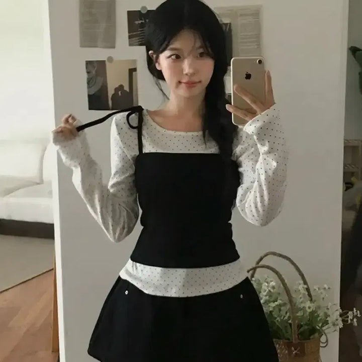 [BUNJANG] Cream Sugar Black Bustier + White Polka Dot Sleeves Set / 에이블리 크림슈가 뷔스티에+슬리브 세트