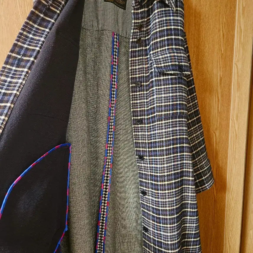 [BUNJANG] Lucky Chouette Check Mix Long Coat / 럭키슈에뜨 체크 MIX 셔츠형 롱 코트