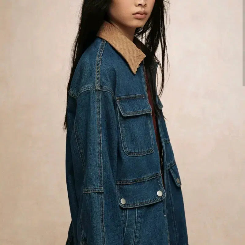 [BUNJANG] H&M Denim Safari Jacket with Corduroy Collar / H&M 데님 사파리 자켓 코듀로이 카라