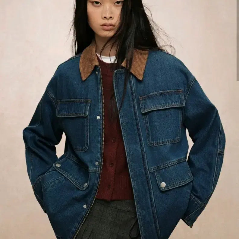 [BUNJANG] H&M Denim Safari Jacket with Corduroy Collar / H&M 데님 사파리 자켓 코듀로이 카라