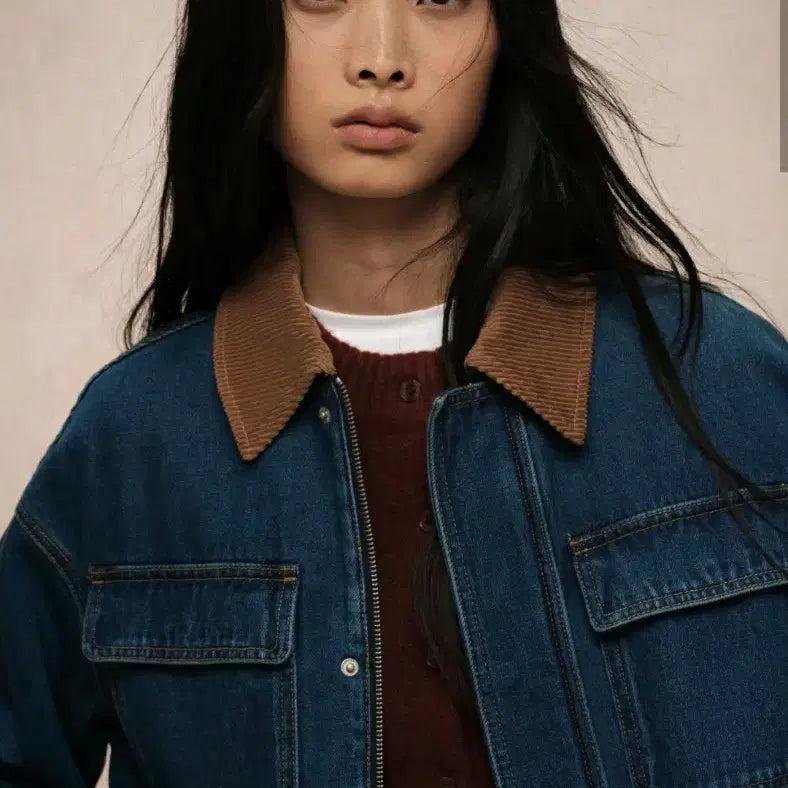 [BUNJANG] H&M Denim Safari Jacket with Corduroy Collar / H&M 데님 사파리 자켓 코듀로이 카라