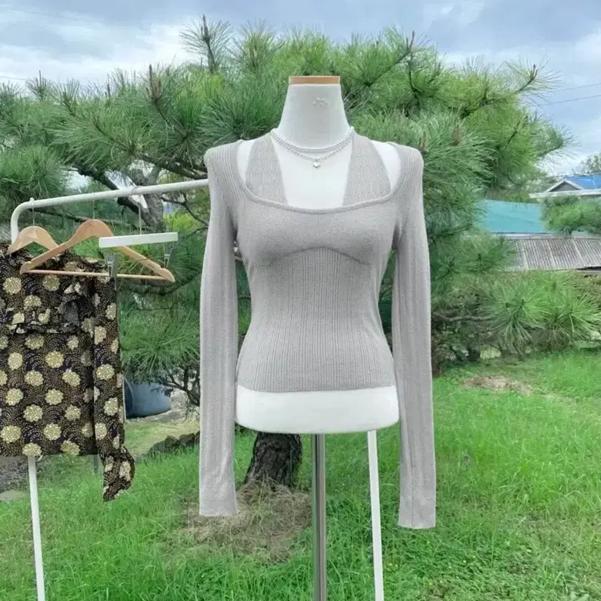 [BUNJANG] Project Wave Gray Ribbed Slim Fit Halter Neck Long Sleeve Knit Top / 프로젝트웨이브 그레이 회색 골지 슬림핏 홀터넥 긴팔 니트 티