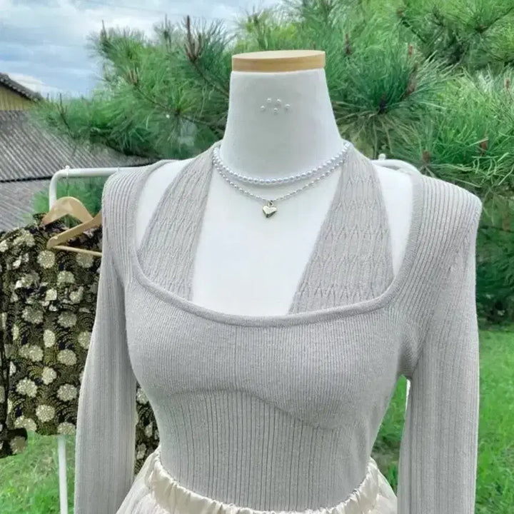 [BUNJANG] Project Wave Gray Ribbed Slim Fit Halter Neck Long Sleeve Knit Top / 프로젝트웨이브 그레이 회색 골지 슬림핏 홀터넥 긴팔 니트 티