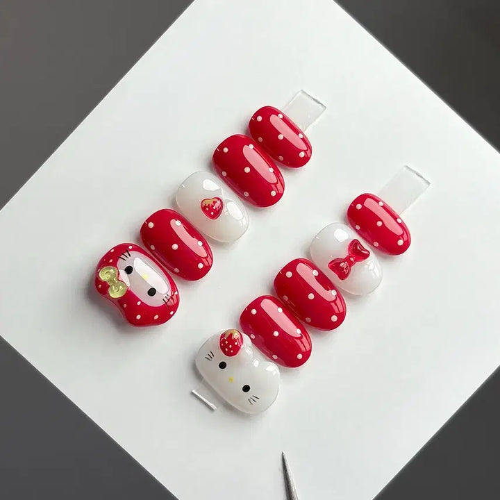 [BUNJANG] Hello Kitty Strawberry Hat Nail Tips / 가로키티 딸기모자 수제네일팁