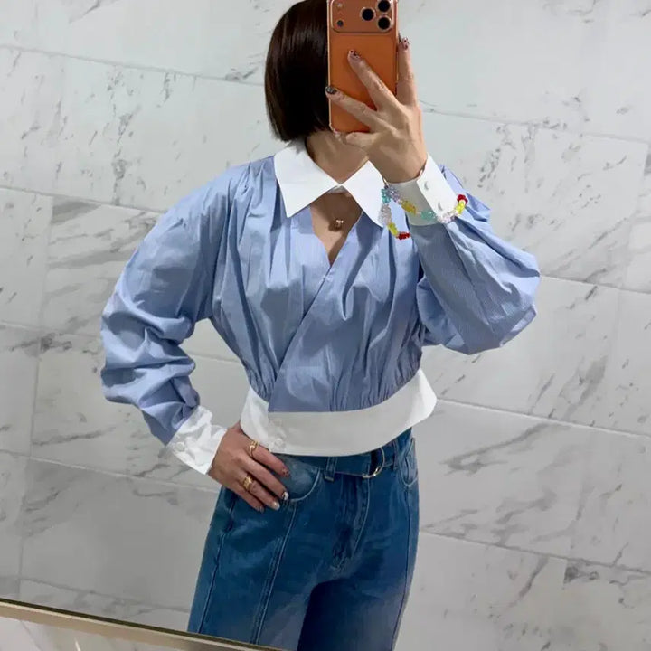 [BUNJANG] JS New York Style Striped Colorblock V-Neck Short Blouse / js뉴욕스타일신상(당일발송)스트라이프 트임 배색 브이 숏블라우스