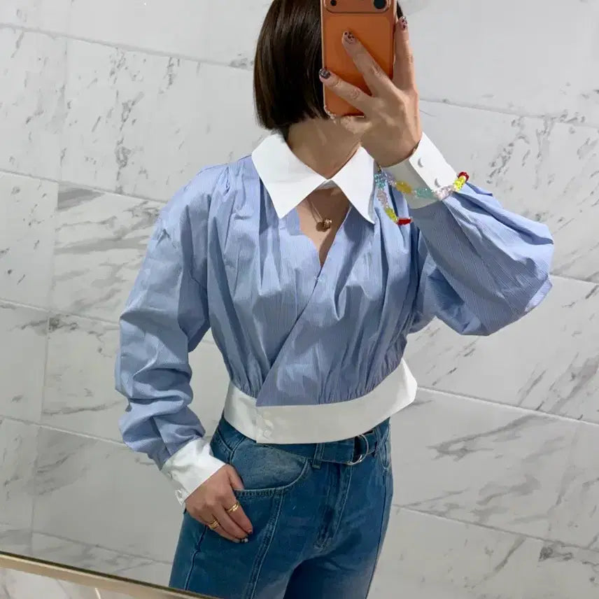 [BUNJANG] JS New York Style Striped Colorblock V-Neck Short Blouse / js뉴욕스타일신상(당일발송)스트라이프 트임 배색 브이 숏블라우스