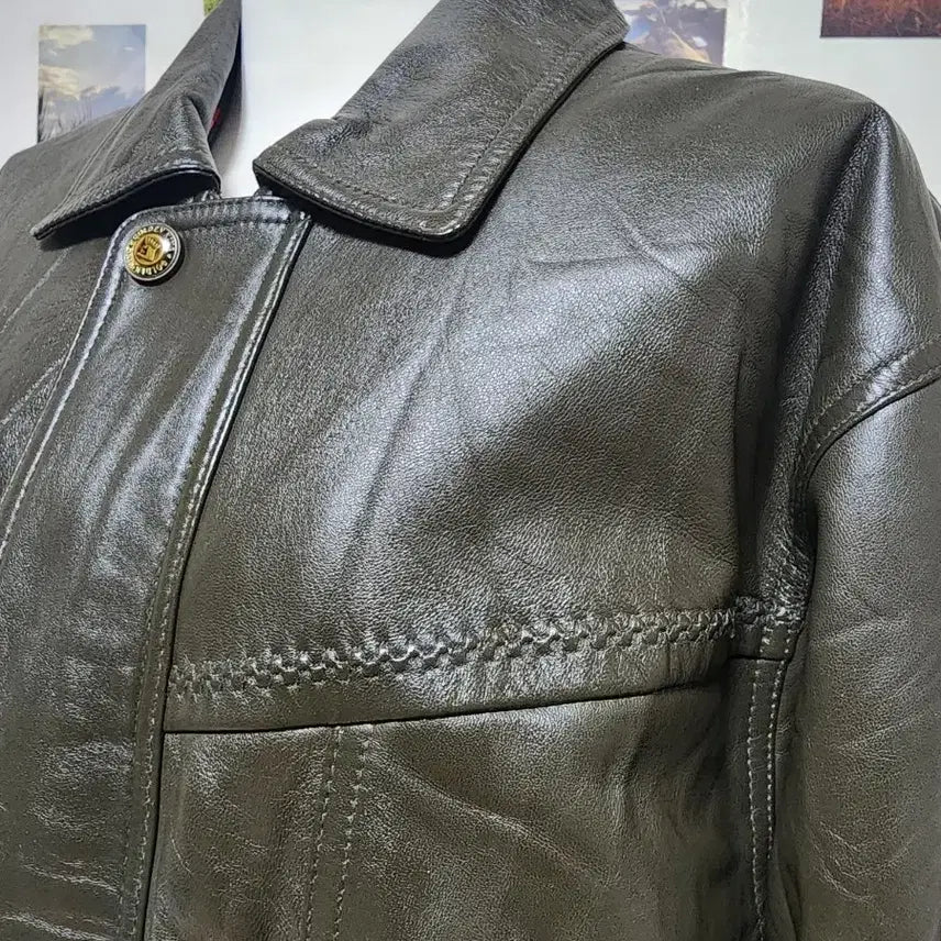 [BUNJANG] Vintage Khaki Soft Lambskin Leather Coat Jacket Jumper Outerwear / 브랜드 카키 부드러운 양가죽 코트 자켓 점퍼 아우터 빈티지 여성 오버핏