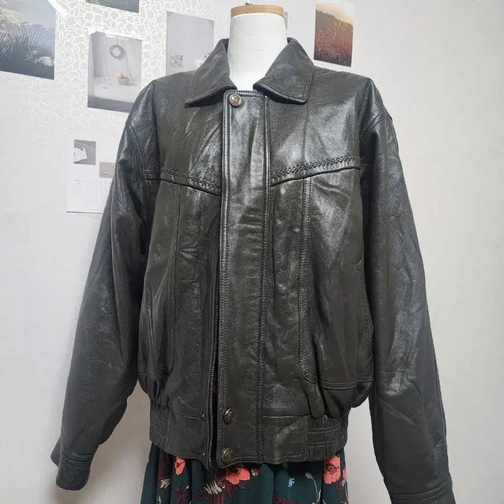 [BUNJANG] Vintage Khaki Soft Lambskin Leather Coat Jacket Jumper Outerwear / 브랜드 카키 부드러운 양가죽 코트 자켓 점퍼 아우터 빈티지 여성 오버핏