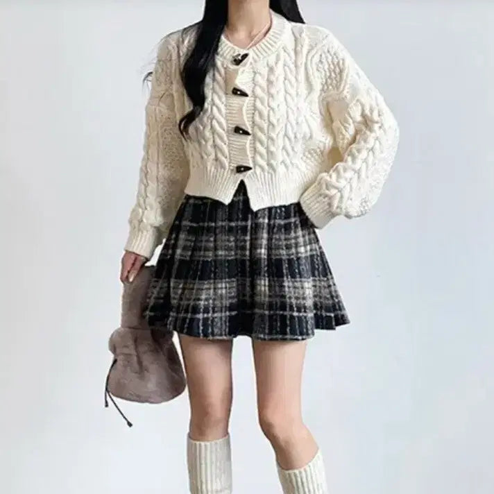 [BUNJANG] Unbranded Pleated Skirt L / 체크 모직 플리츠 스커트 L