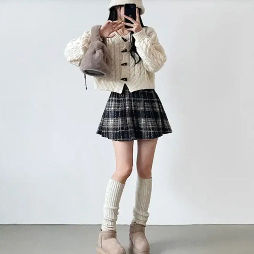 [BUNJANG] Unbranded Pleated Skirt L / 체크 모직 플리츠 스커트 L