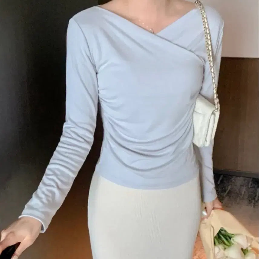[BUNJANG] Reine Drape Shirring Tee (Soft Blue Gray) / 렌느 reine 드레이프 셔링티 (소프트블루그레이)