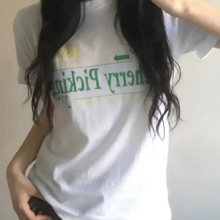 [BUNJANG] Indie Merry Cherry Picking Lettering Short Sleeve T-shirt / 인더메리 체리피킹 레터링 프린팅 반팔 티셔츠