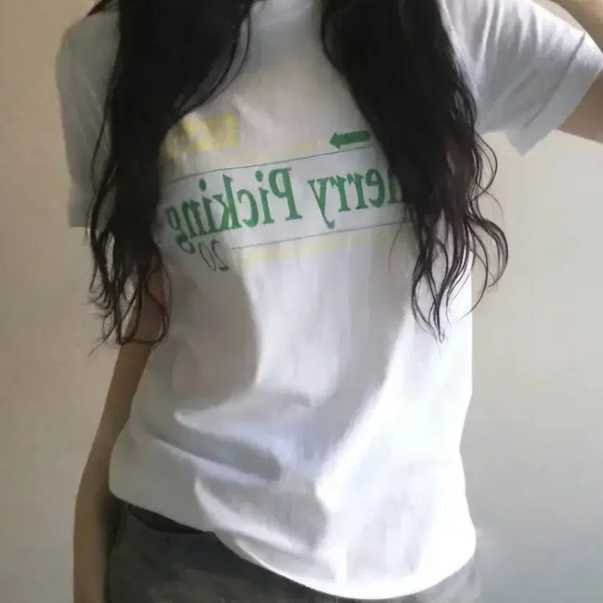 [BUNJANG] Indie Merry Cherry Picking Lettering Short Sleeve T-shirt / 인더메리 체리피킹 레터링 프린팅 반팔 티셔츠
