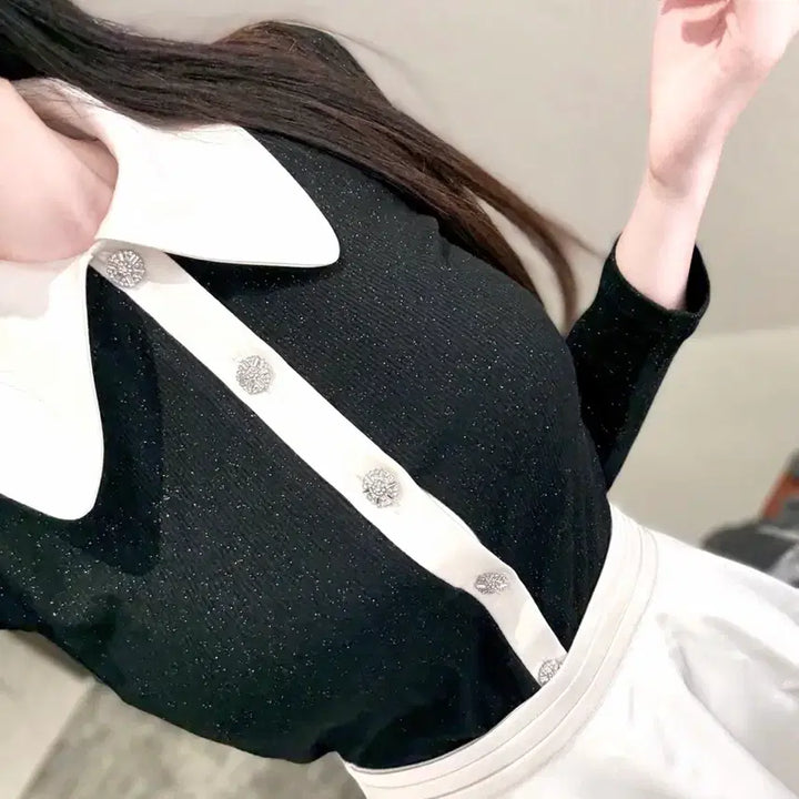 [BUNJANG] Imported Silk Collar Pearl Cubic Satin Knit Top / [새상품/고퀄/핏보장]수입의류 실크 카라 펄 큐빅 새틴 배색 니트