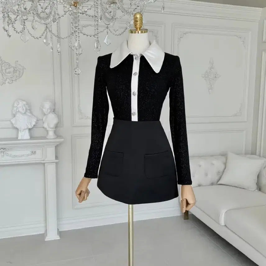 [BUNJANG] Imported Silk Collar Pearl Cubic Satin Knit Top / [새상품/고퀄/핏보장]수입의류 실크 카라 펄 큐빅 새틴 배색 니트