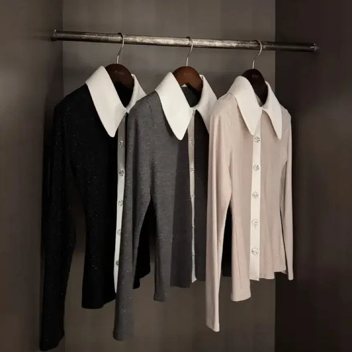 [BUNJANG] Imported Silk Collar Pearl Cubic Satin Knit Top / [새상품/고퀄/핏보장]수입의류 실크 카라 펄 큐빅 새틴 배색 니트