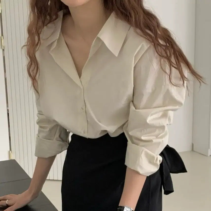 [BUNJANG] Oversized V-Neck Shirt / 봄 빅사이즈 오버핏 루즈핏 브이넥 셔츠 남방 에이블리 지그재그 출근룩