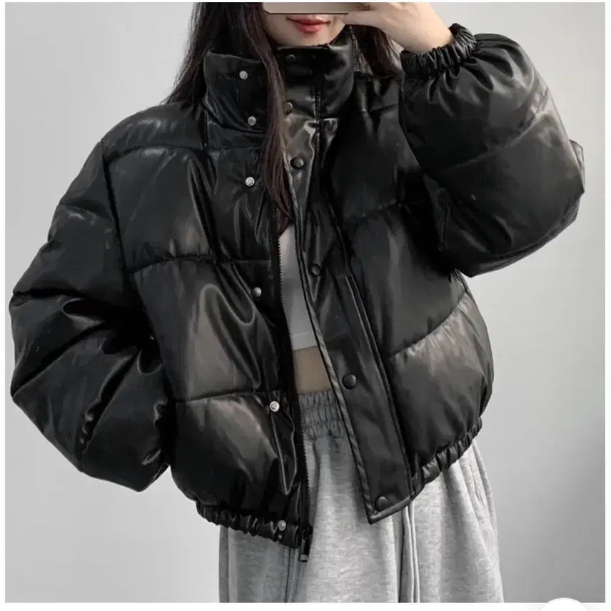 [BUNJANG] Leather Short Padded Jacket / 레더 숏패딩 새상품