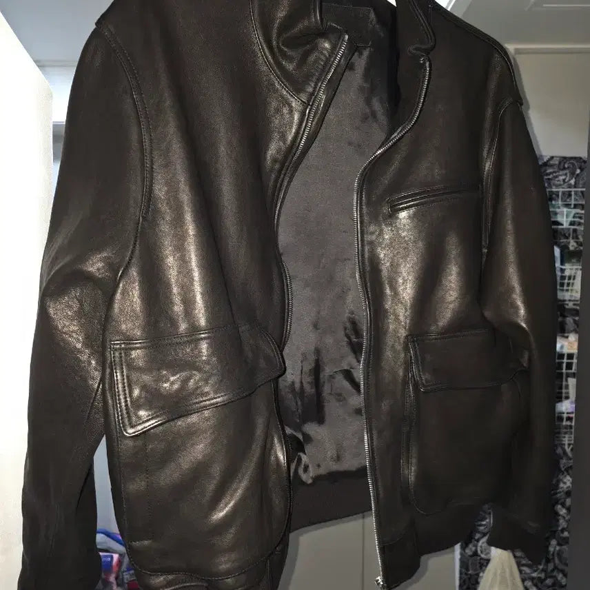 [BUNJANG] First Floor High Neck Lamb Leather Jacket / 퍼스트플로어 하이넥 램 레더 자켓 46사이즈