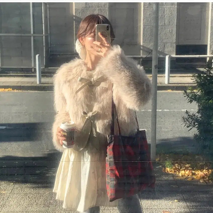 [BUNJANG] Ablly Brown Short Fur Jacket / 브라운 숏 노카라 크롭 누빔 퍼자켓 리본 에이블리