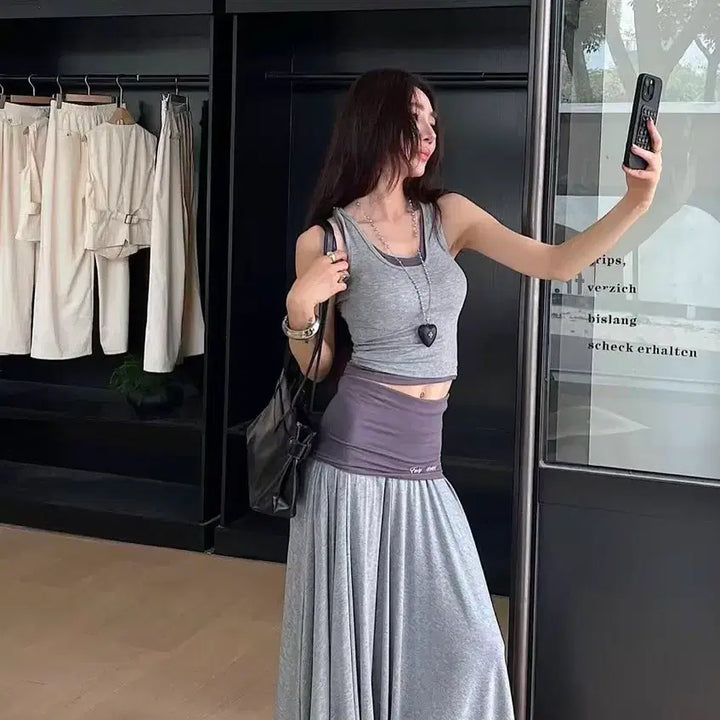 [BUNJANG] Remind Gray Skirt Set / 리마인드 그레이 스커트 배색 세트