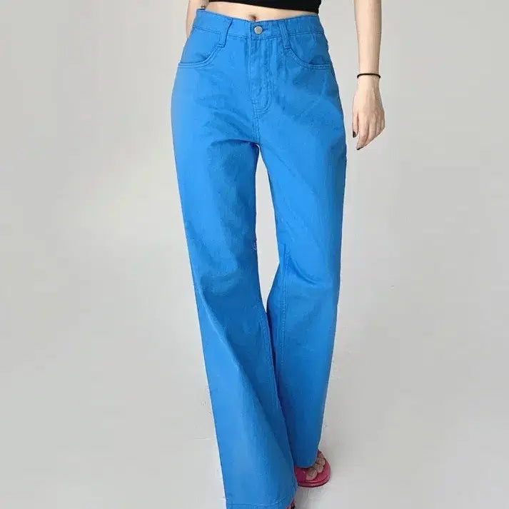 [BUNJANG] Sky Blue Cotton Blend Semi-Wide Fit Pants / 블루 코튼 팬츠