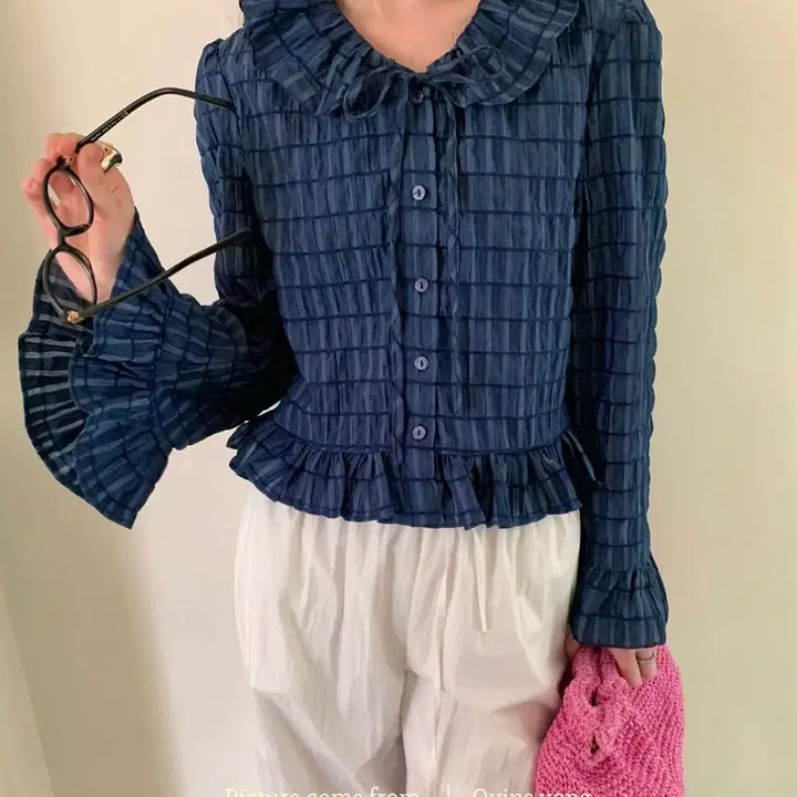 [BUNJANG] Ovins Yang Navy Shirred Blouse / ovins yang 셔링 네이비 블라우스