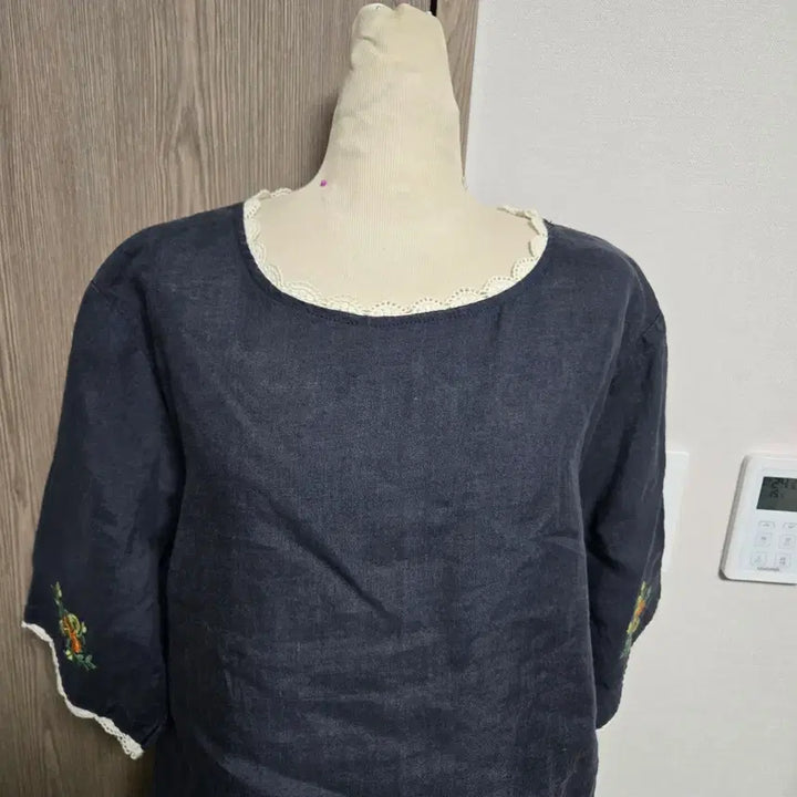 [BUNJANG] Linen Blouse Navy L / 오늘만이가격!!  자수 레이스 린넨 블라우스 네이비 L