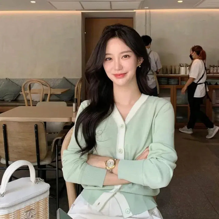 [BUNJANG] Page You Mint White Color Block Cardigan / 페이지유 민트 화이트 배색 가디건
