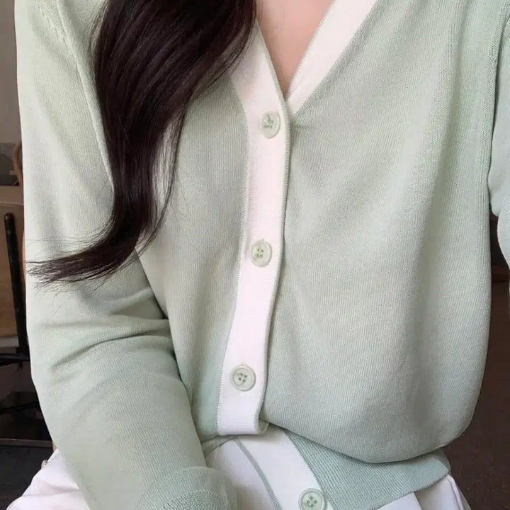 [BUNJANG] Page You Mint White Color Block Cardigan / 페이지유 민트 화이트 배색 가디건