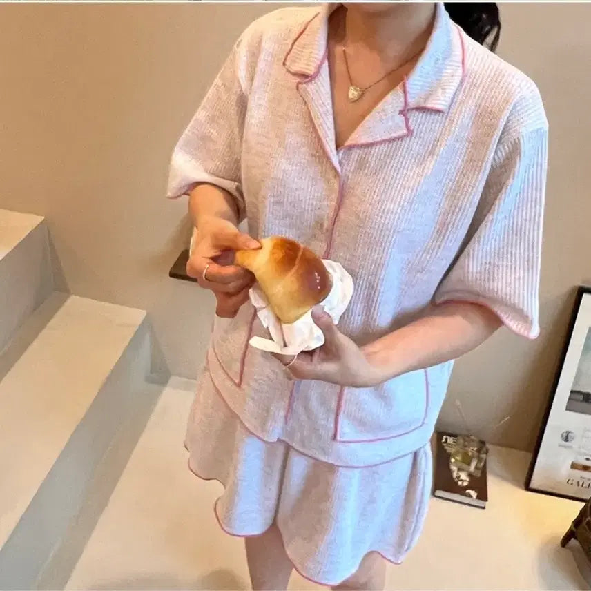 [BUNJANG] Waffle Short Sleeve Pajama Set / 와플 반팔 파자마세트