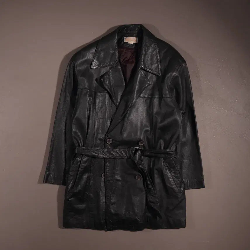 [BUNJANG] Vintage Leather Double Robe Long Coat / 빈티지 가죽 더블 로브 롱코트 C166