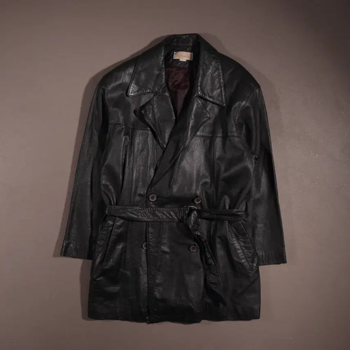 [BUNJANG] Vintage Leather Double Robe Long Coat / 빈티지 가죽 더블 로브 롱코트 C166