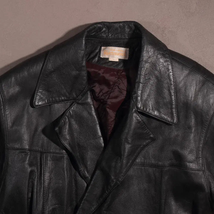 [BUNJANG] Vintage Leather Double Robe Long Coat / 빈티지 가죽 더블 로브 롱코트 C166