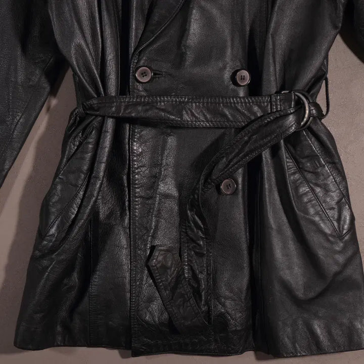 [BUNJANG] Vintage Leather Double Robe Long Coat / 빈티지 가죽 더블 로브 롱코트 C166