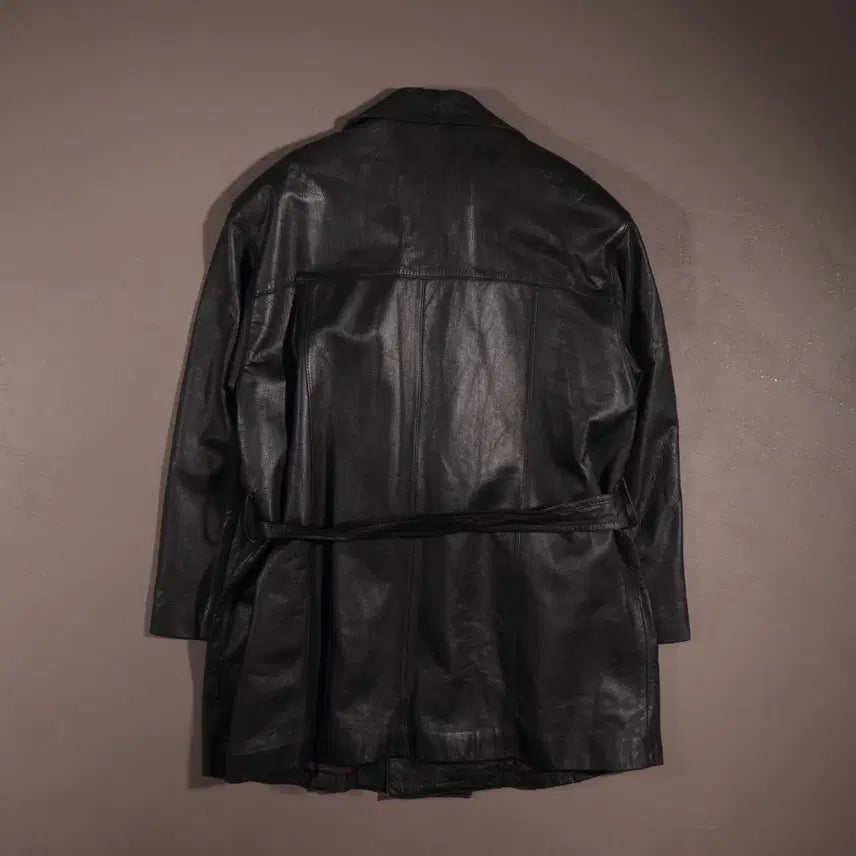 [BUNJANG] Vintage Leather Double Robe Long Coat / 빈티지 가죽 더블 로브 롱코트 C166