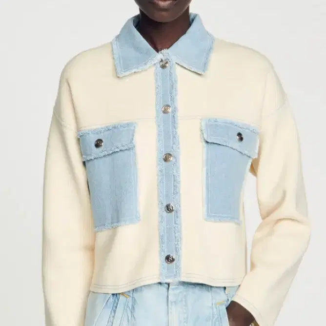 [BUNJANG] Sandro Denim Color Block Oversized Cardigan / 산드로 데님 배색 오버핏 가디건 1사이즈