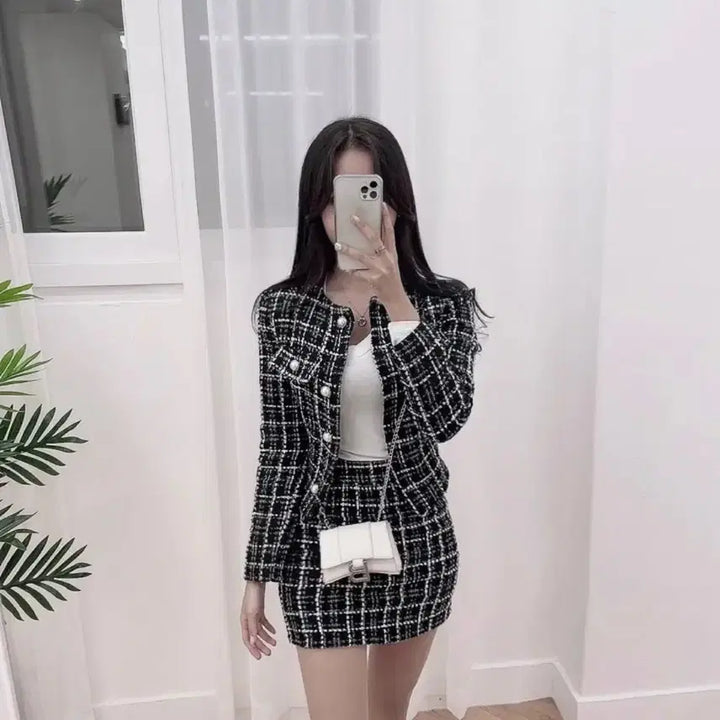 [BUNJANG] Tweed Check Two-Piece Set (Jacket + Skirt) / [새상품] 트위드 체크 투피스 세트 (자켓+스커트)