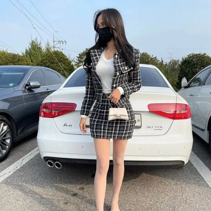 [BUNJANG] Tweed Check Two-Piece Set (Jacket + Skirt) / [새상품] 트위드 체크 투피스 세트 (자켓+스커트)