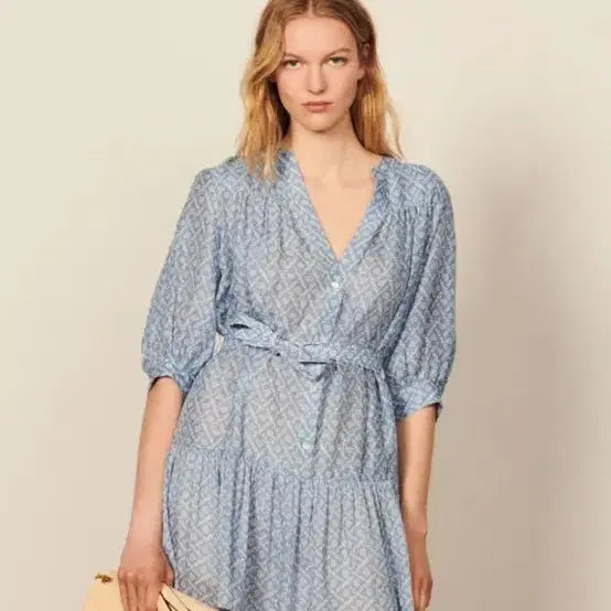 [BUNJANG] Sandro Linen V-Neck Dress / 산드로 브이넥 린넨 드레스 원피스 36