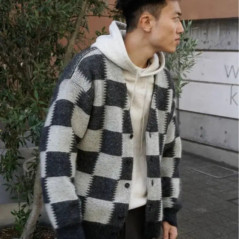 [BUNJANG] Unused Alpaca Checkered Flag Cardigan / unused 알파카 체커 플래그 가디건