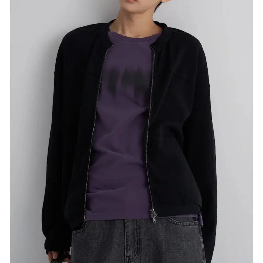 [BUNJANG] 8Seconds Waffle Jersey Cut-Off Zip-Up Jacket / [에잇세컨즈] 와플 저지 컷오프 집업 (블랙, L)