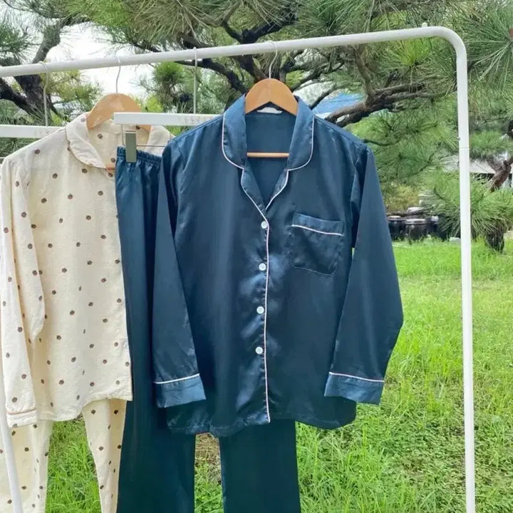 [BUNJANG] Emerald Green Satin Pajama Set / 청록색 에메랄드 그린 새틴 바지 잠옷 파자마 세트