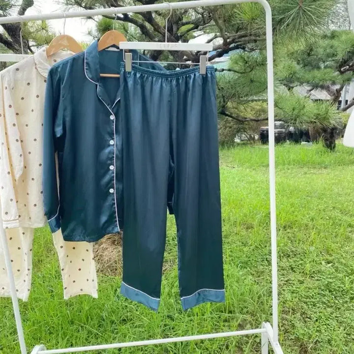 [BUNJANG] Emerald Green Satin Pajama Set / 청록색 에메랄드 그린 새틴 바지 잠옷 파자마 세트
