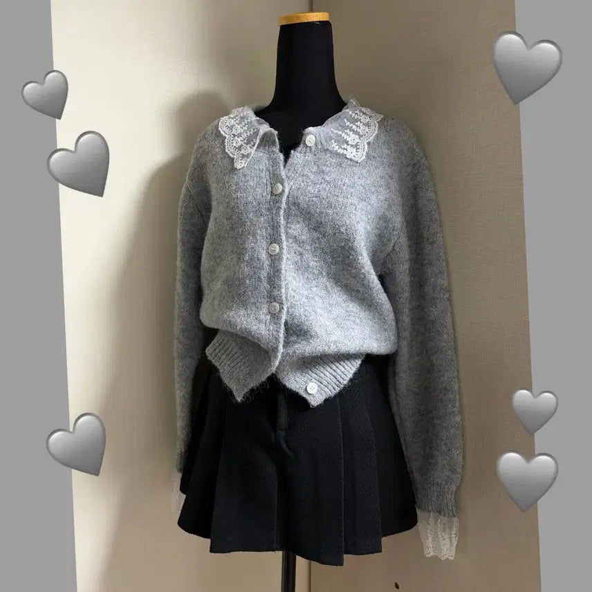 [BUNJANG] Grow By Button Lace Button Cardigan &amp; Flip Skirt Set / [ 새상품 ] 레이스 단추 가디건 + 플립 치마 SET