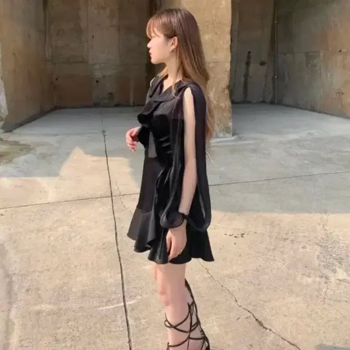 [BUNJANG] Lanhyu Cherrykiri Frill Wrap Satin Dress Black Size 1 / (새상품) 라뇨 체리퀴리 프릴랩 새틴 블랙 원피스 드레스 사이즈 1