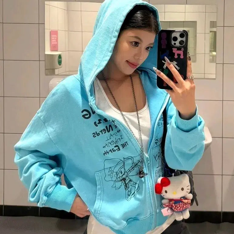 [BUNJANG] Y2K Mint Hoodie / 하늘색 갸루 후드집업 y2k 핀터깔 민트 후드 아이돌 지하돌 집업