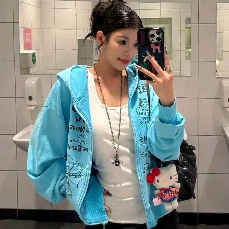 [BUNJANG] Y2K Mint Hoodie / 하늘색 갸루 후드집업 y2k 핀터깔 민트 후드 아이돌 지하돌 집업