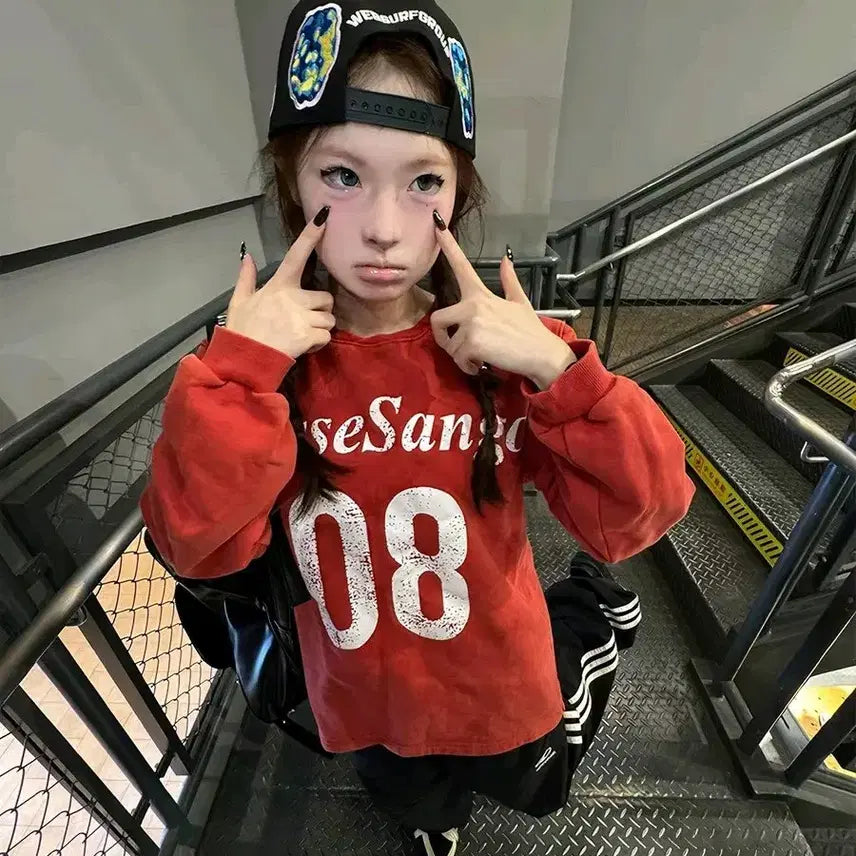 [BUNJANG] Red Y2K Long Sleeve T-shirt / 레드 맨투맨 키치룩 다홍색 긴팔티셔츠 y2k 레드티셔츠 핀터깔 데일리룩